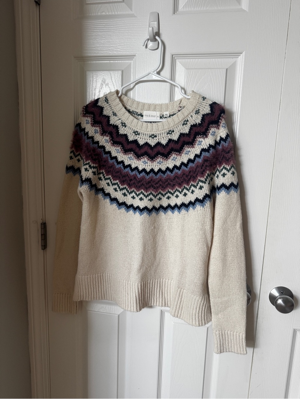 Cream Fair Isle Sweater with Navy & Plum Pattern